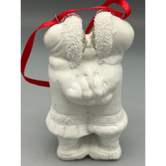 Eskimos Rubbing Noses Kissing Porcelain Tree Ornament white Red Ribbon 3.5" Tall - Picture 3 of 9